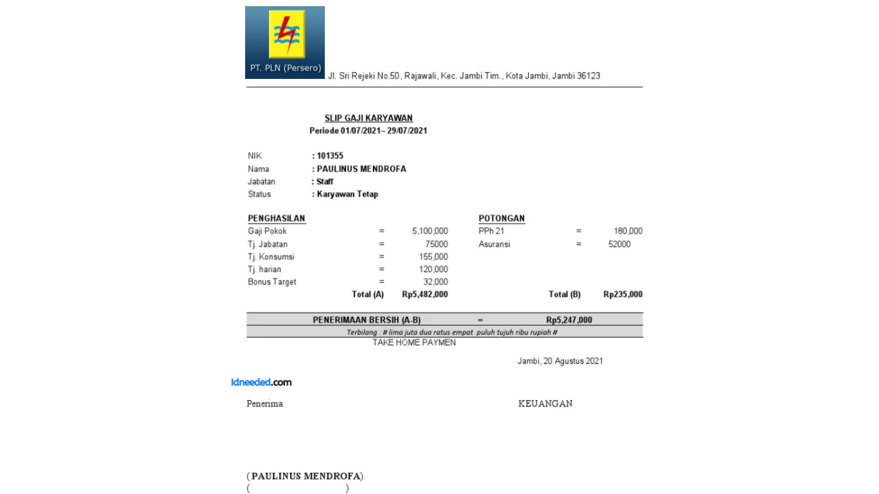 Contoh Slip Gaji Karyawan PT PLN Persero