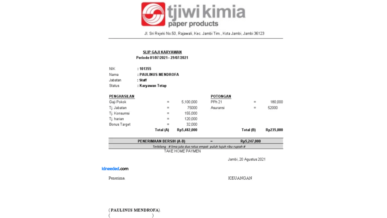 Contoh Slip Gaji Karyawan PT Pabrik Kertas Tjiwi Kimia Tbk