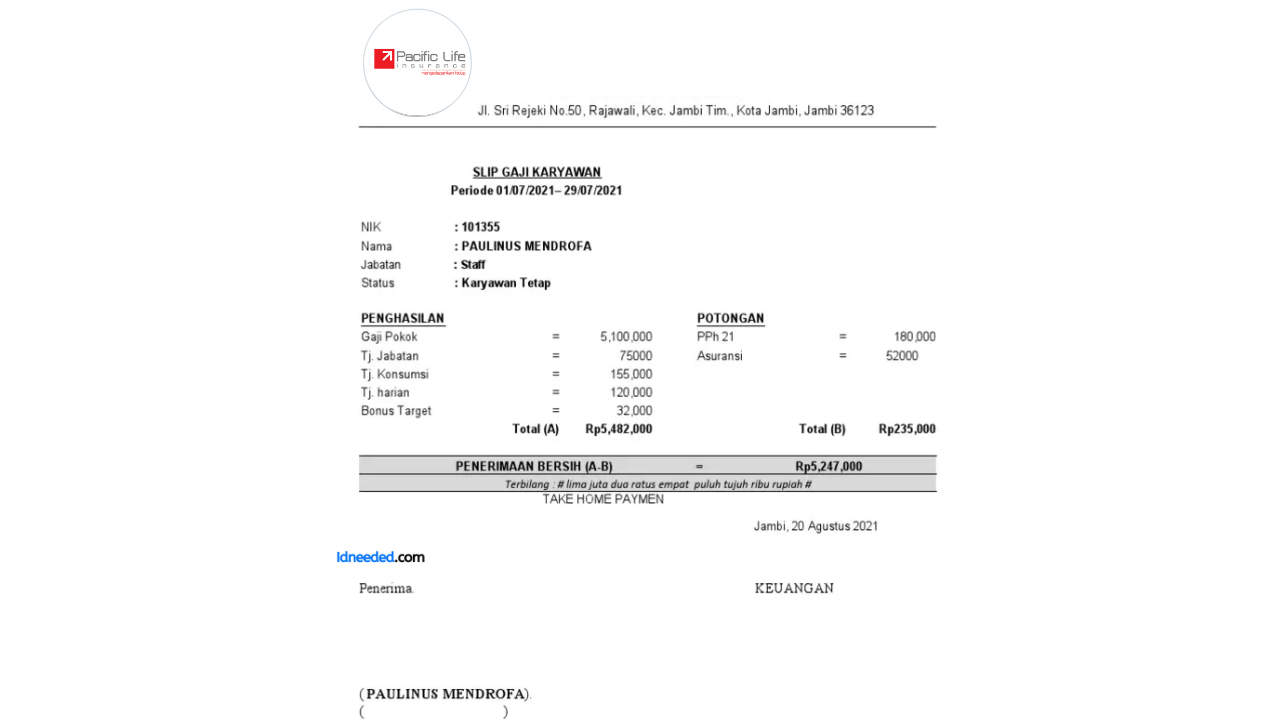 Contoh Slip Gaji Karyawan PT Pacific Life Insurance