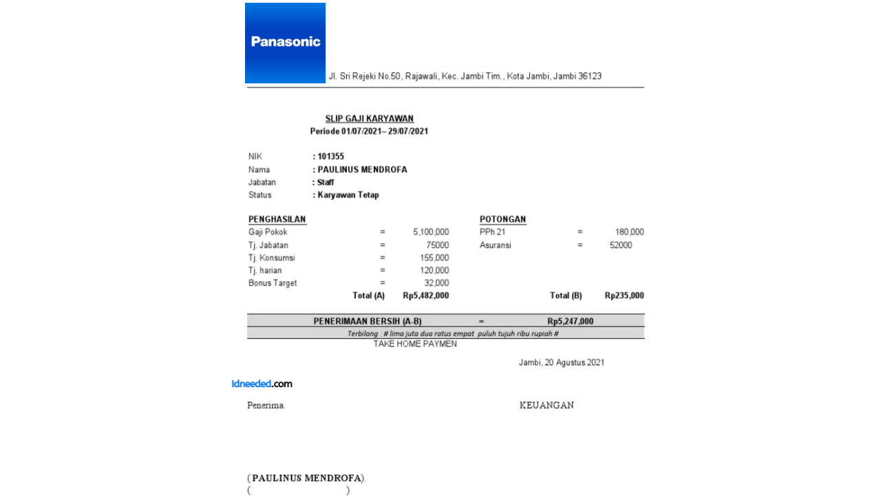 Contoh Slip Gaji Karyawan PT Panasonic Manufacturing Indonesia