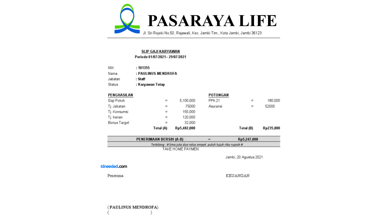 Contoh Slip Gaji Karyawan PT Pasaraya Life Insurance