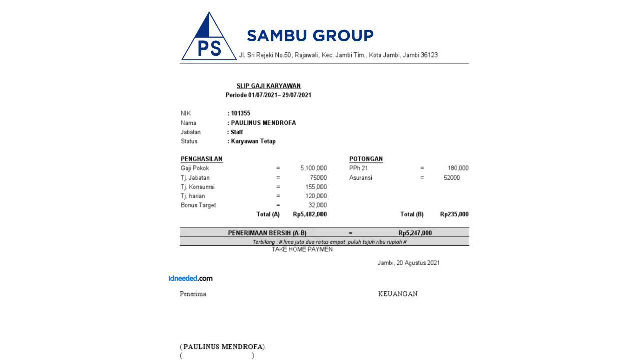 Contoh Slip Gaji Karyawan PT Pulau Sambu Guntung