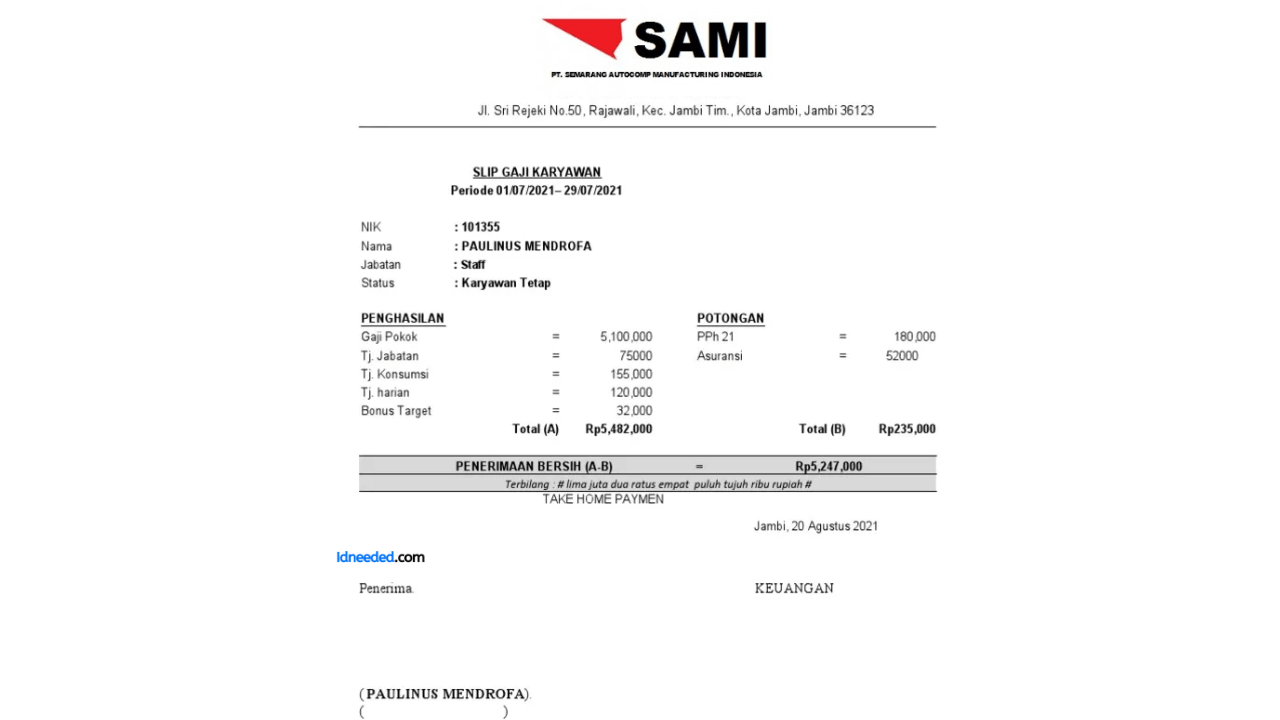 Contoh Slip Gaji Karyawan PT Sami Semarang