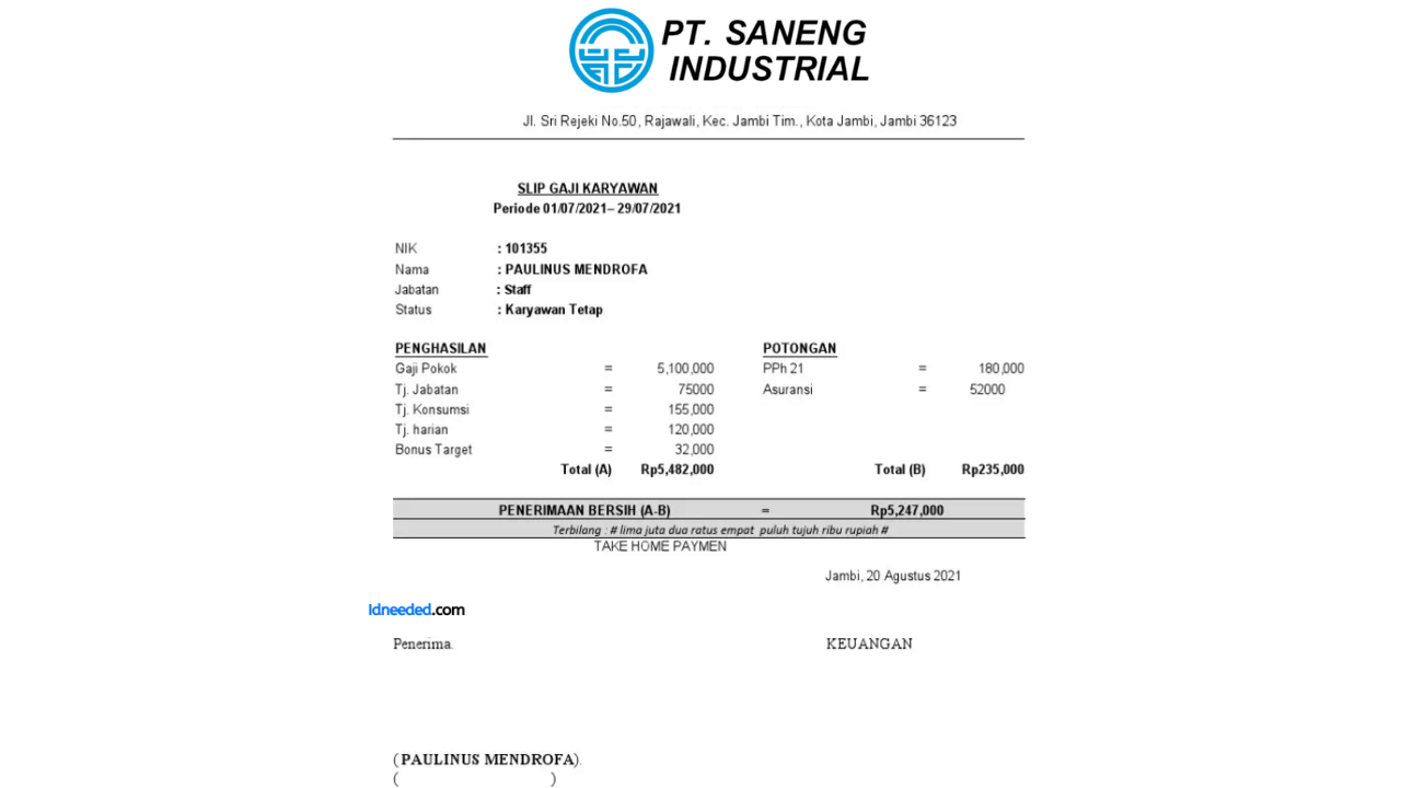 Contoh Slip Gaji Karyawan PT Saneng Industrial