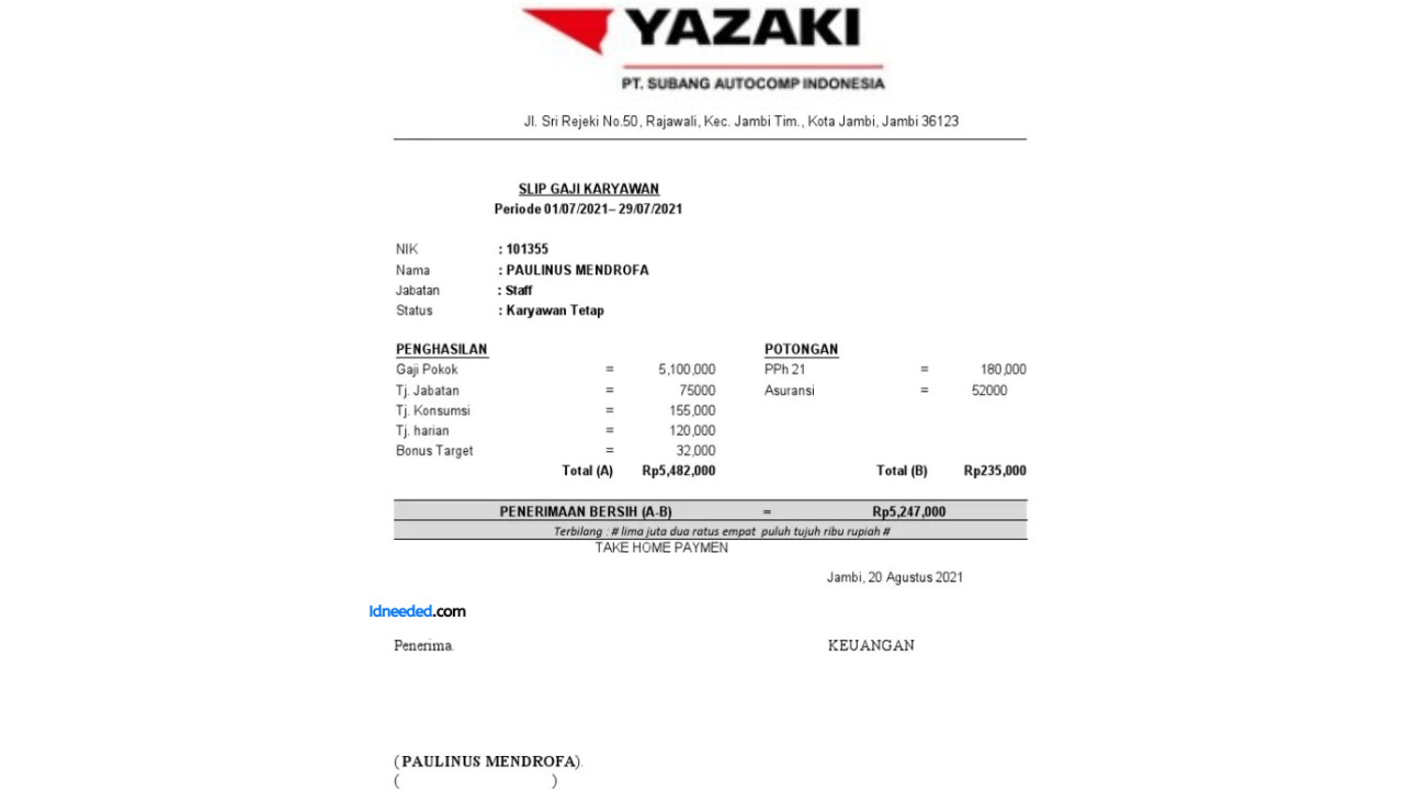 Contoh Slip Gaji Karyawan PT Subang Autocomp Indonesia