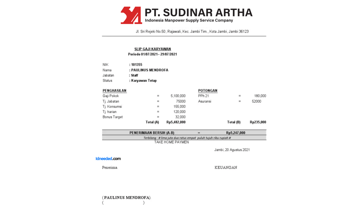 Contoh Slip Gaji Karyawan PT Sudinar Artha