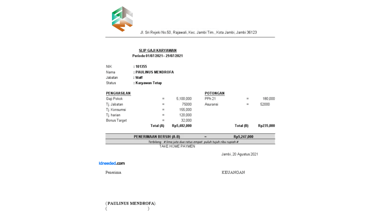 Contoh Slip Gaji Karyawan PT Sulawesi Cahaya Mineral