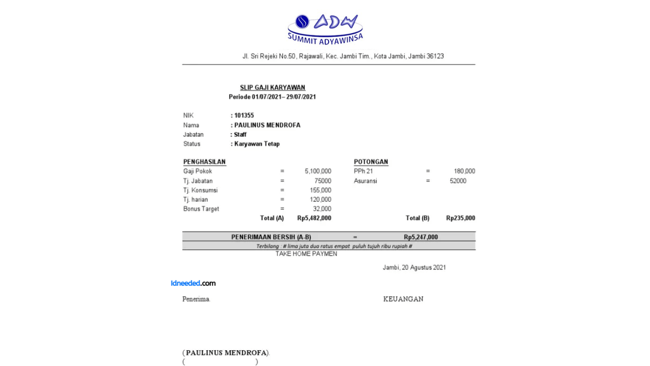 Contoh Slip Gaji Karyawan PT Summit Adyawinsa Indonesia