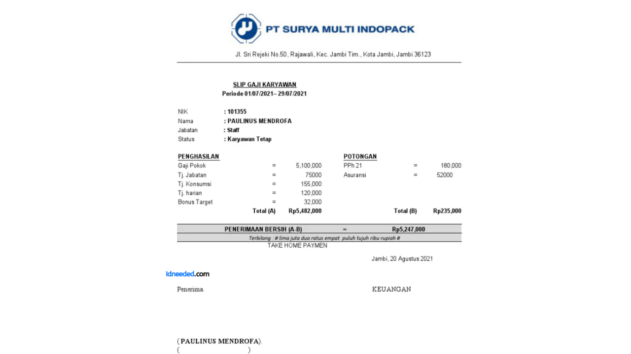 Contoh Slip Gaji Karyawan PT Surya Multi Indopack