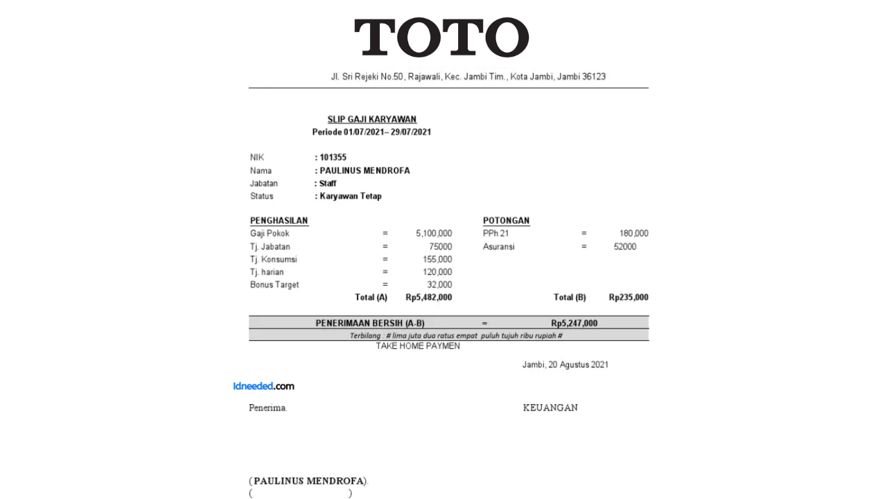 Contoh Slip Gaji Karyawan PT Surya Toto Indonesia