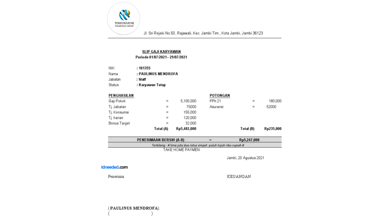 Contoh Slip Gaji Karyawan PT Tokio Marine Life Insurance Indonesia