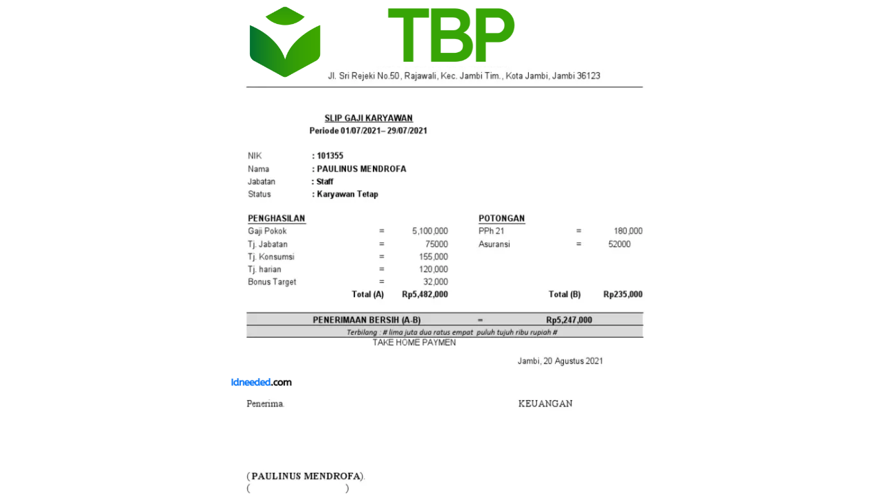 Contoh Slip Gaji Karyawan PT Trimegah Bangun Persada