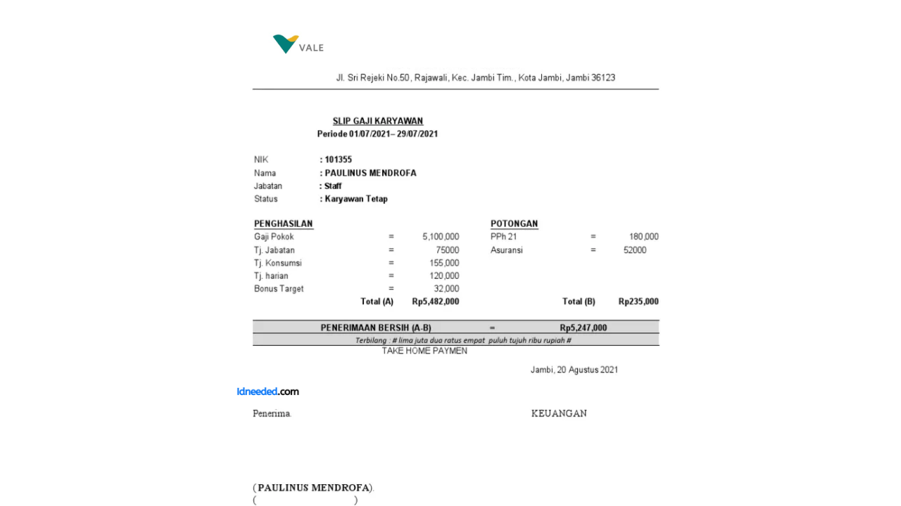 Contoh Slip Gaji Karyawan PT Vale Indonesia