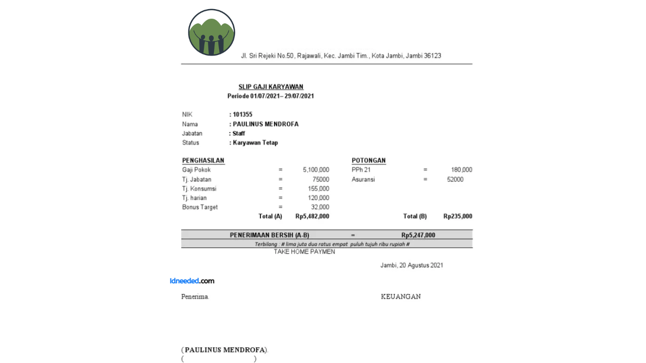 Contoh Slip Gaji Karyawan Yayasan Asri Alam Sehat Lestari