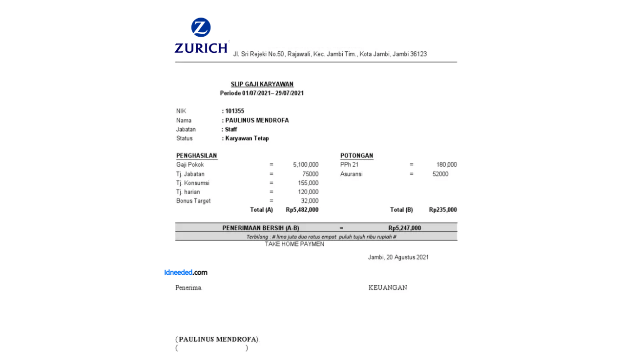 Contoh Slip Gaji Karyawan Zurich Insurance Group Ltd