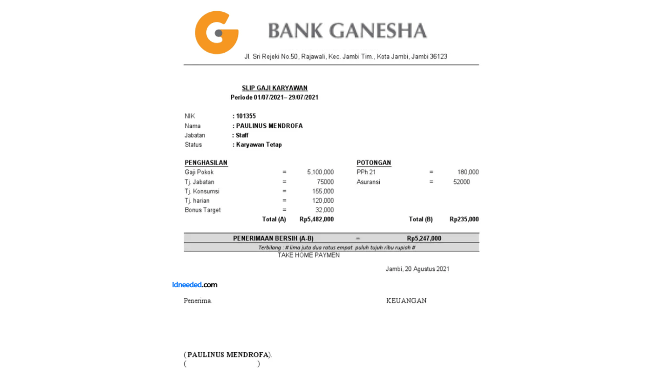 Contoh Slip Gaji Pegawai Bank Ganesha Tbk (BGTG)