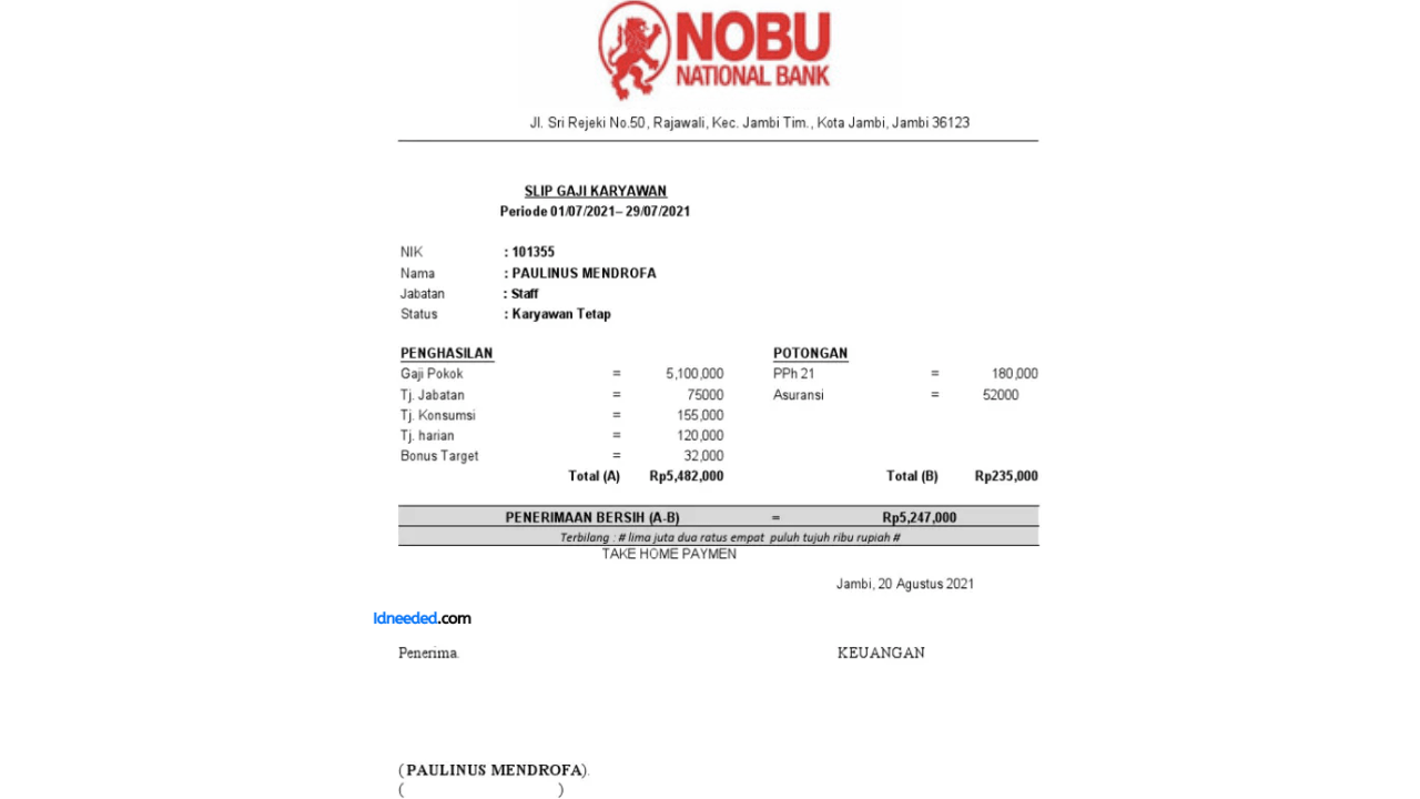 Contoh Slip Gaji Pegawai Bank Nationalnobu Tbk (NOBU)