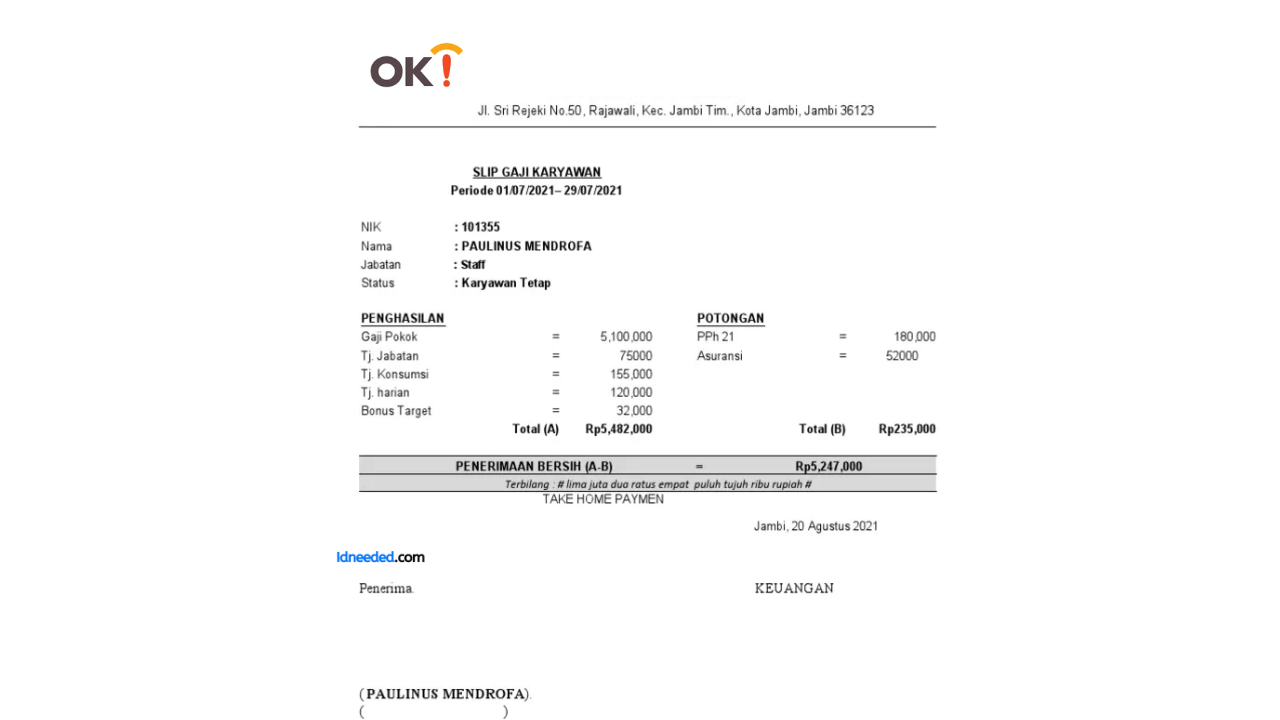 Contoh Slip Gaji Pegawai Bank Oke Indonesia Tbk (DNAR)