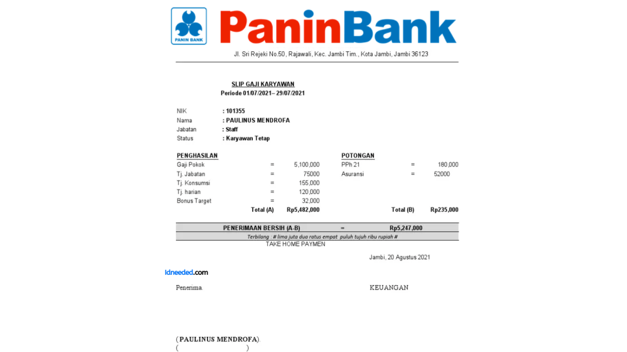 Contoh Slip Gaji Pegawai Bank Pan Indonesia Tbk (PNBN)