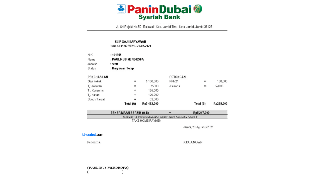 Contoh Slip Gaji Pegawai Bank Panin Dubai Syariah Tbk (PNBS)