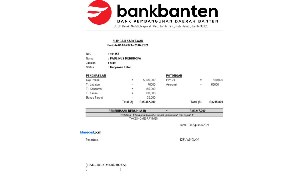 Contoh Slip Gaji Pegawai Bank Pembangunan Daerah Banten Tbk (BEKS)