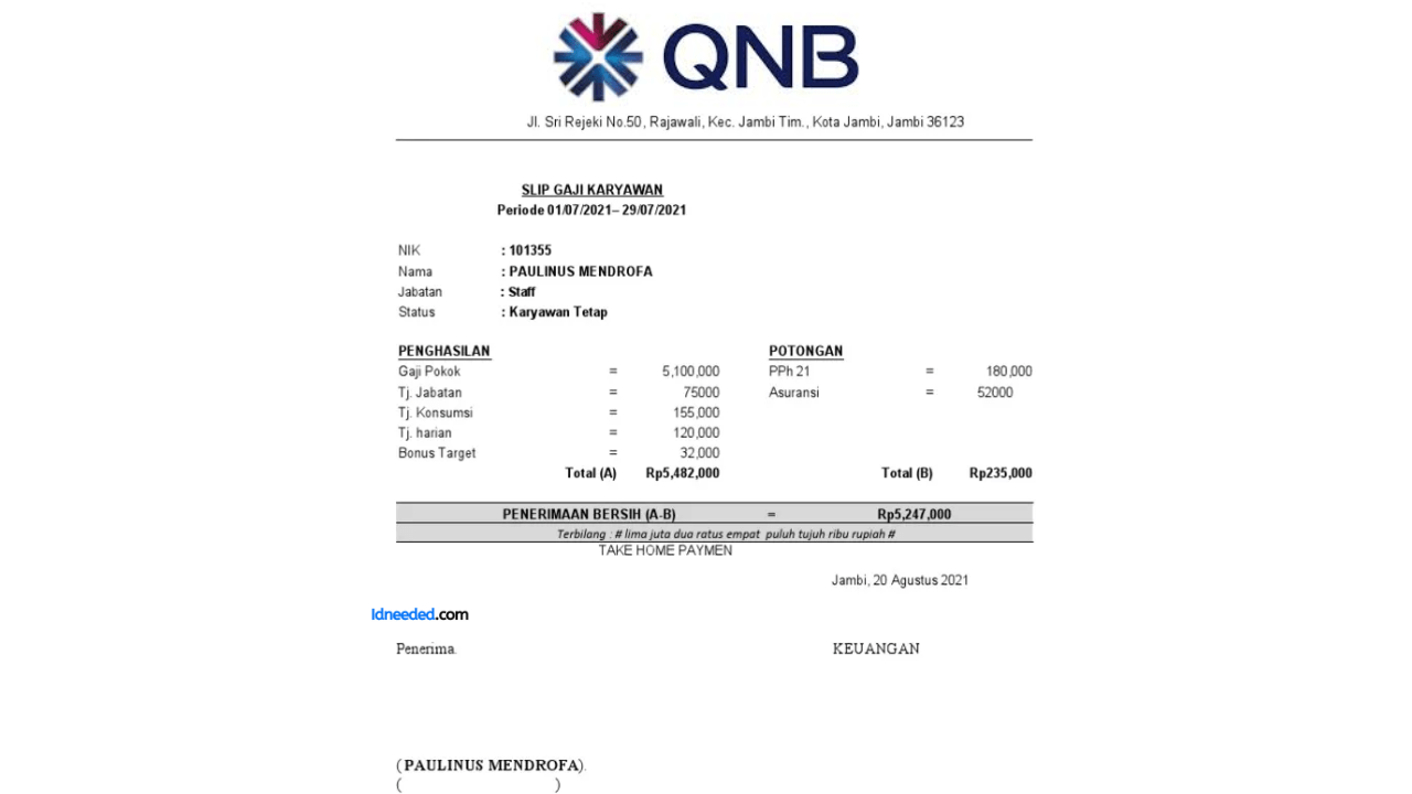 Contoh Slip Gaji Pegawai Bank QNB Indonesia Tbk (BKSW)