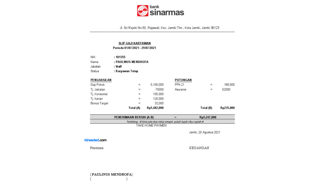 Contoh Slip Gaji Pegawai Bank Sinarmas Tbk (BSIM)