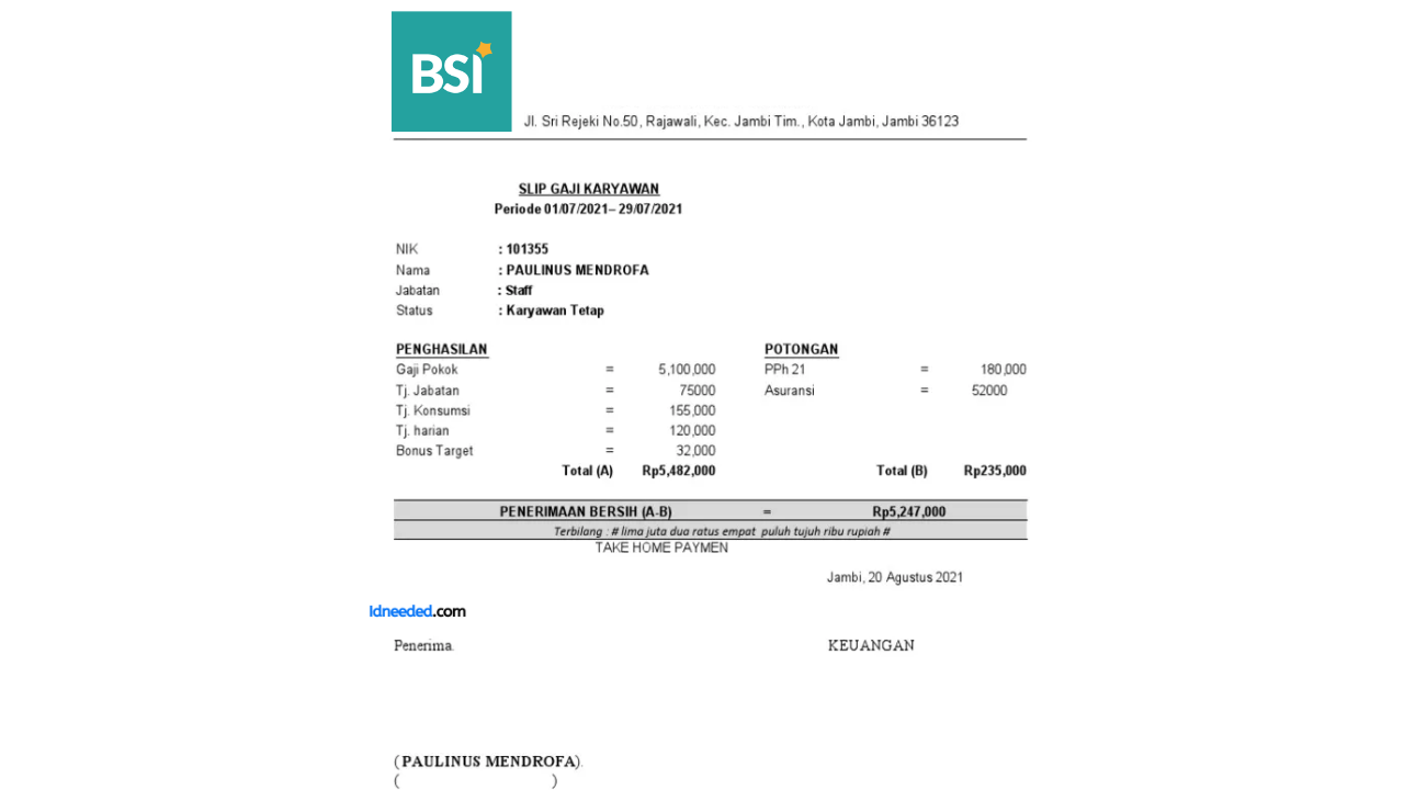 Contoh Slip Gaji Pegawai Bank Syariah Indonesia Tbk (BRIS)