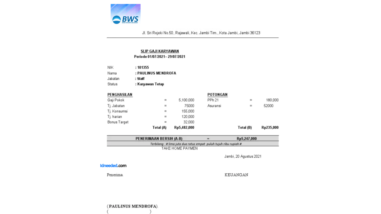 Contoh Slip Gaji Pegawai Bank Woori Saudara Indonesia 1906 Tbk (SDRA)