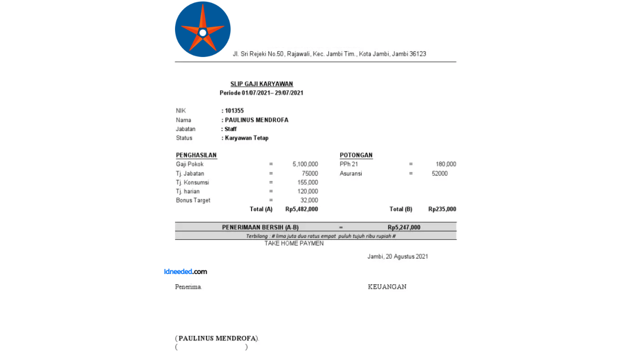 Contoh Slip Gaji Pegawai Bank of India Indonesia Tbk (BSWD)