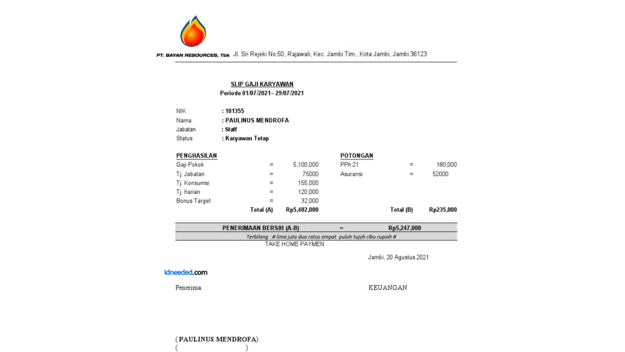 Contoh Slip Gaji Karyawan Bayan Resources