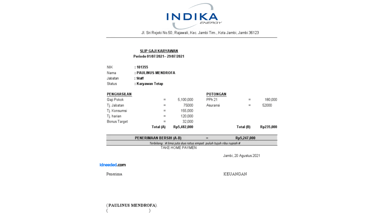 Contoh Slip Gaji Karyawan Indika Energy