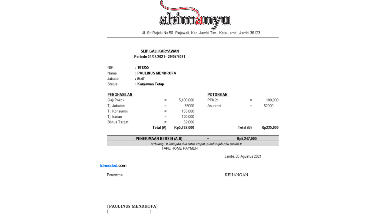 Contoh Slip Gaji Karyawan PT Abimanyu Sekar Nusantara