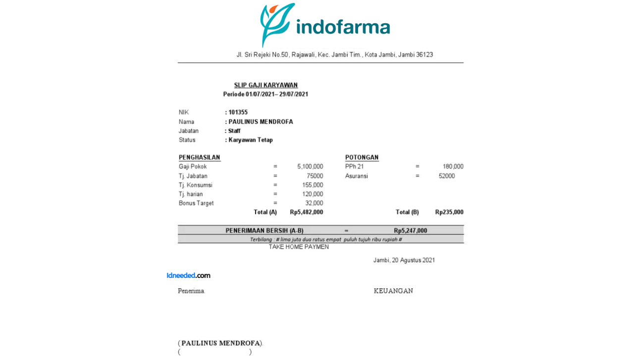 Contoh Slip Gaji Karyawan PT Indonesia Farma Tbk