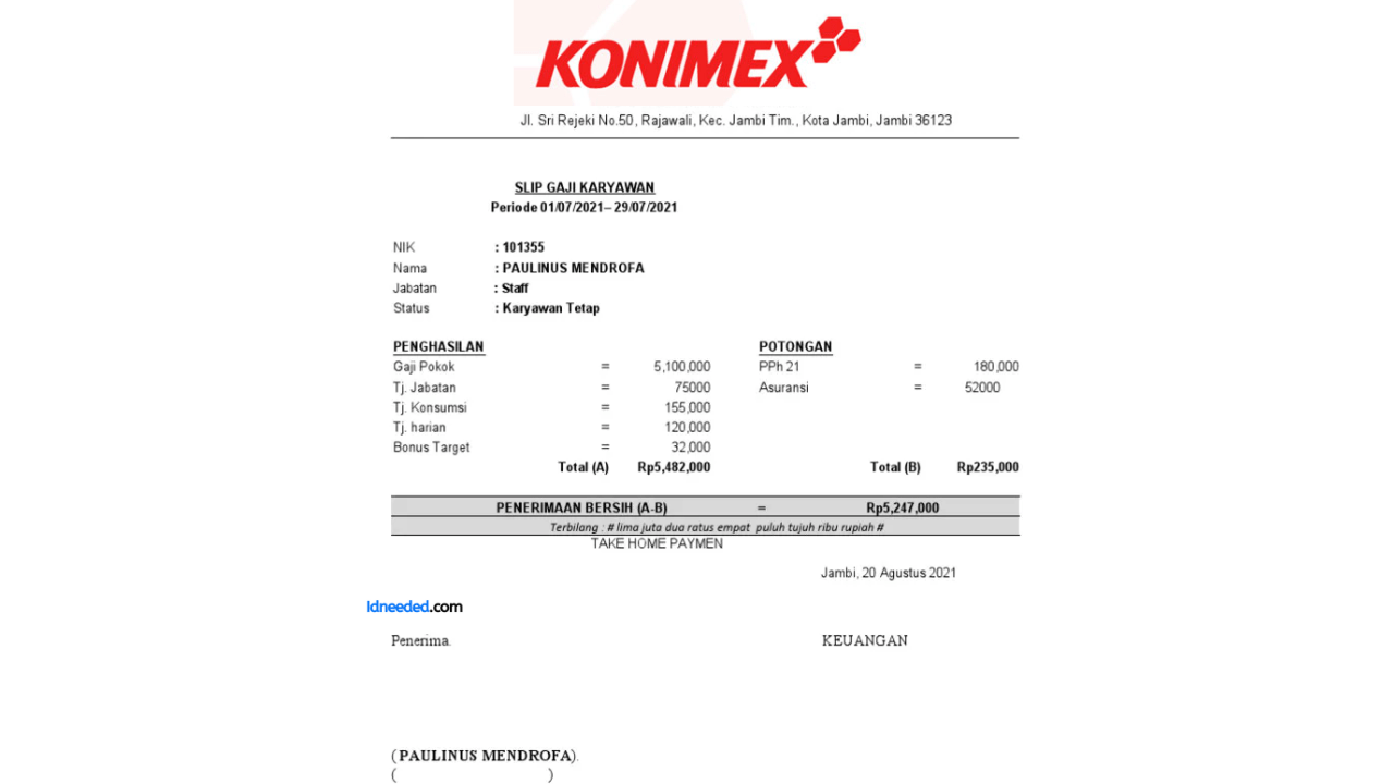 Contoh Slip Gaji Karyawan PT Konimex