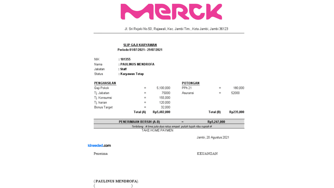 Contoh Slip Gaji Karyawan PT Merck Tbk