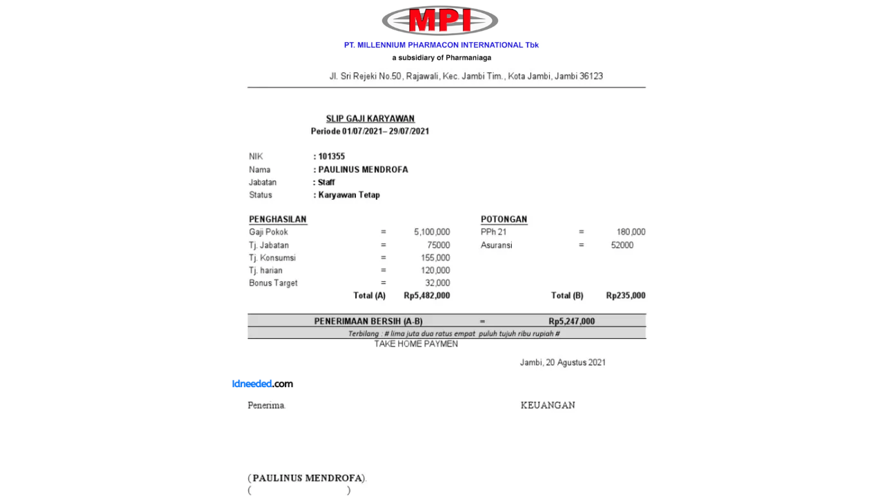 Contoh Slip Gaji Karyawan PT Millenium Pharmacon International Tbk