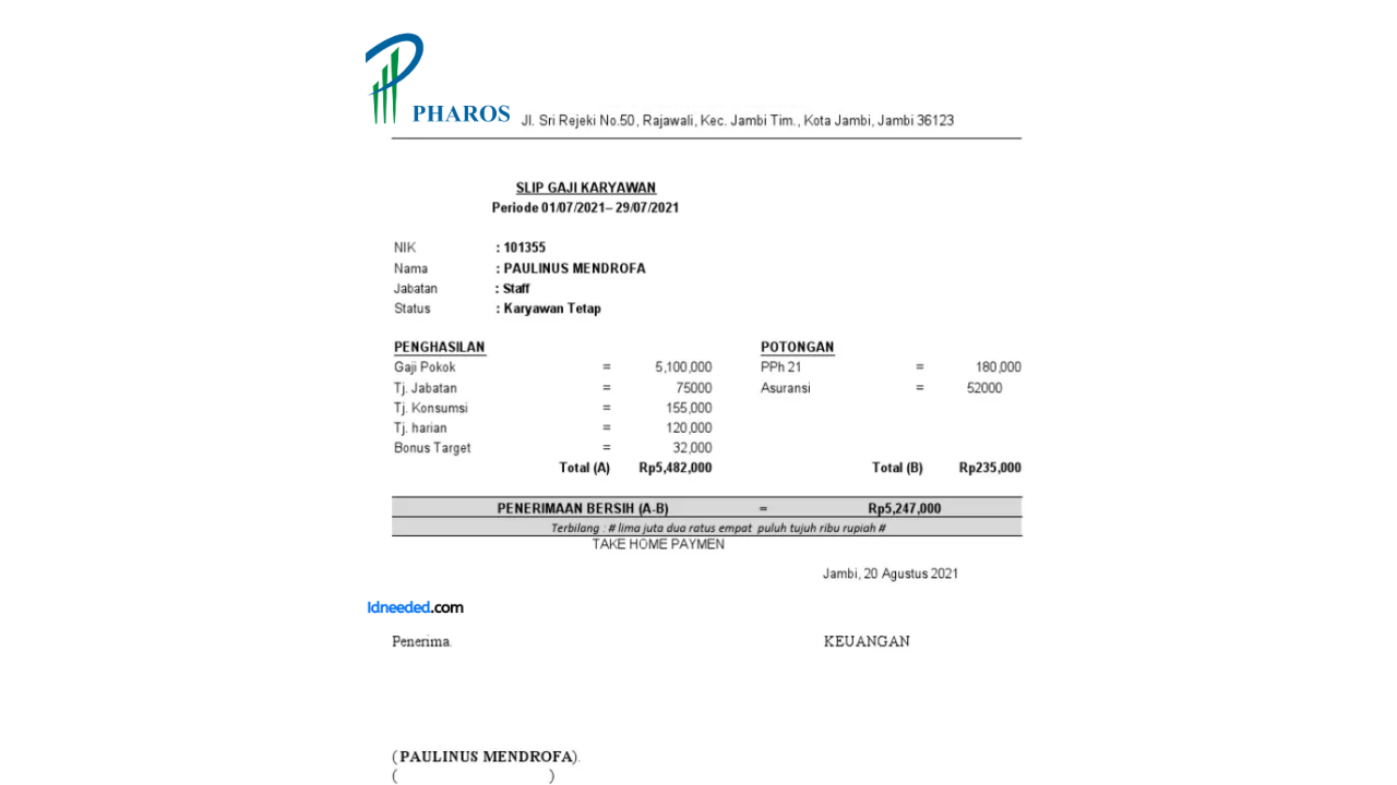 Contoh Slip Gaji Karyawan PT Pharos Indonesia