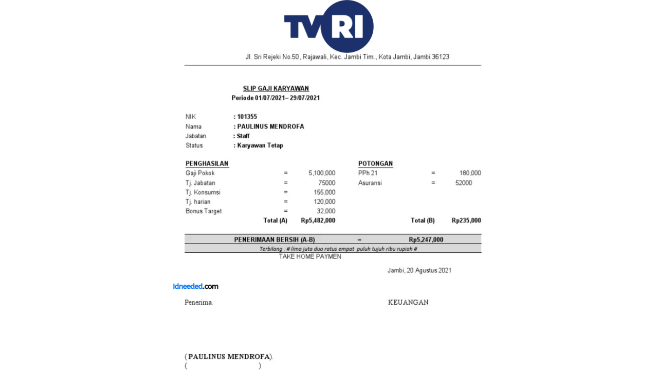 Contoh Slip Gaji Karyawan TVRI